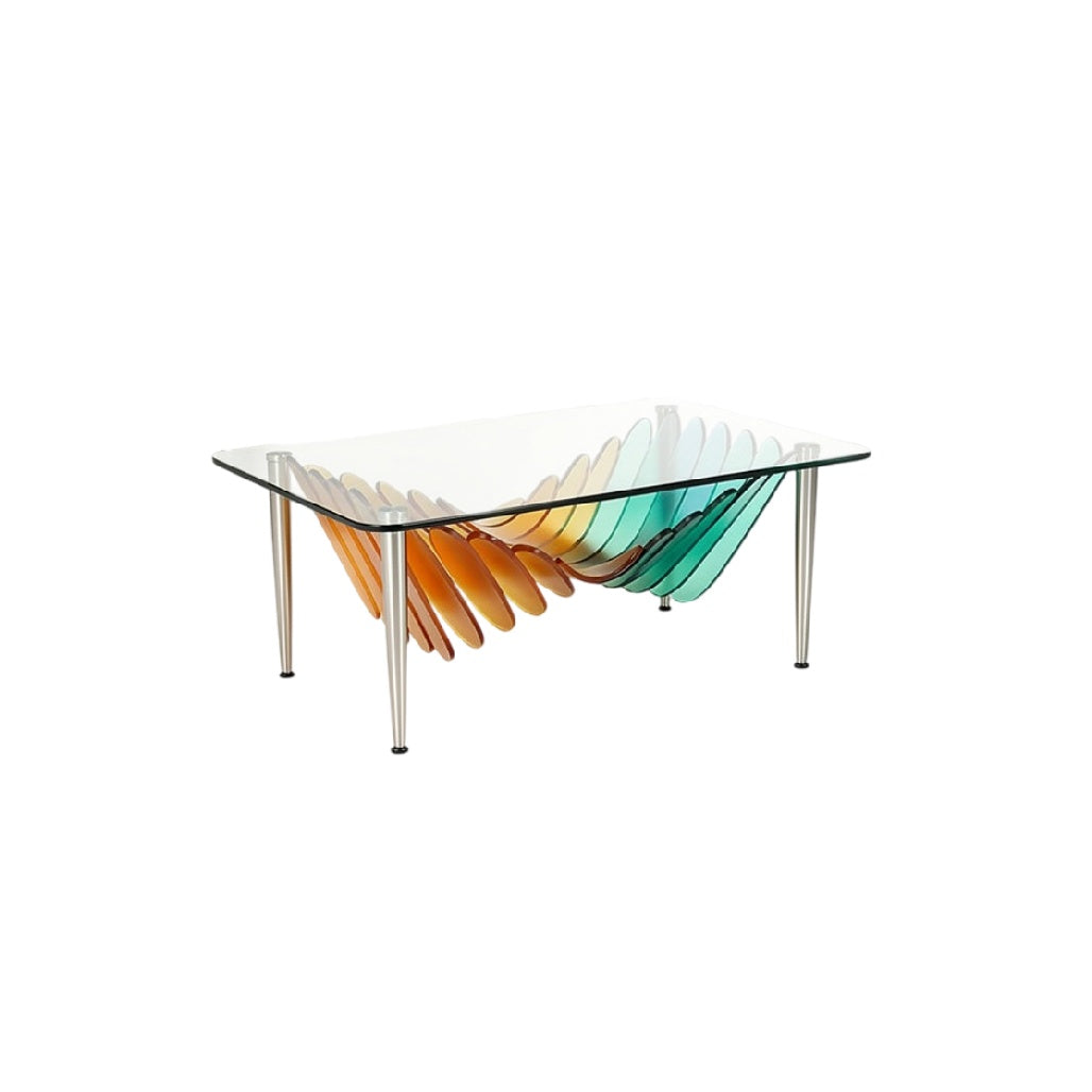 **Table basse moderne en verre avec design ondulé multicolore**