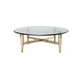 **Titre technique : Table basse ronde en verre noir avec pieds en métal doré**