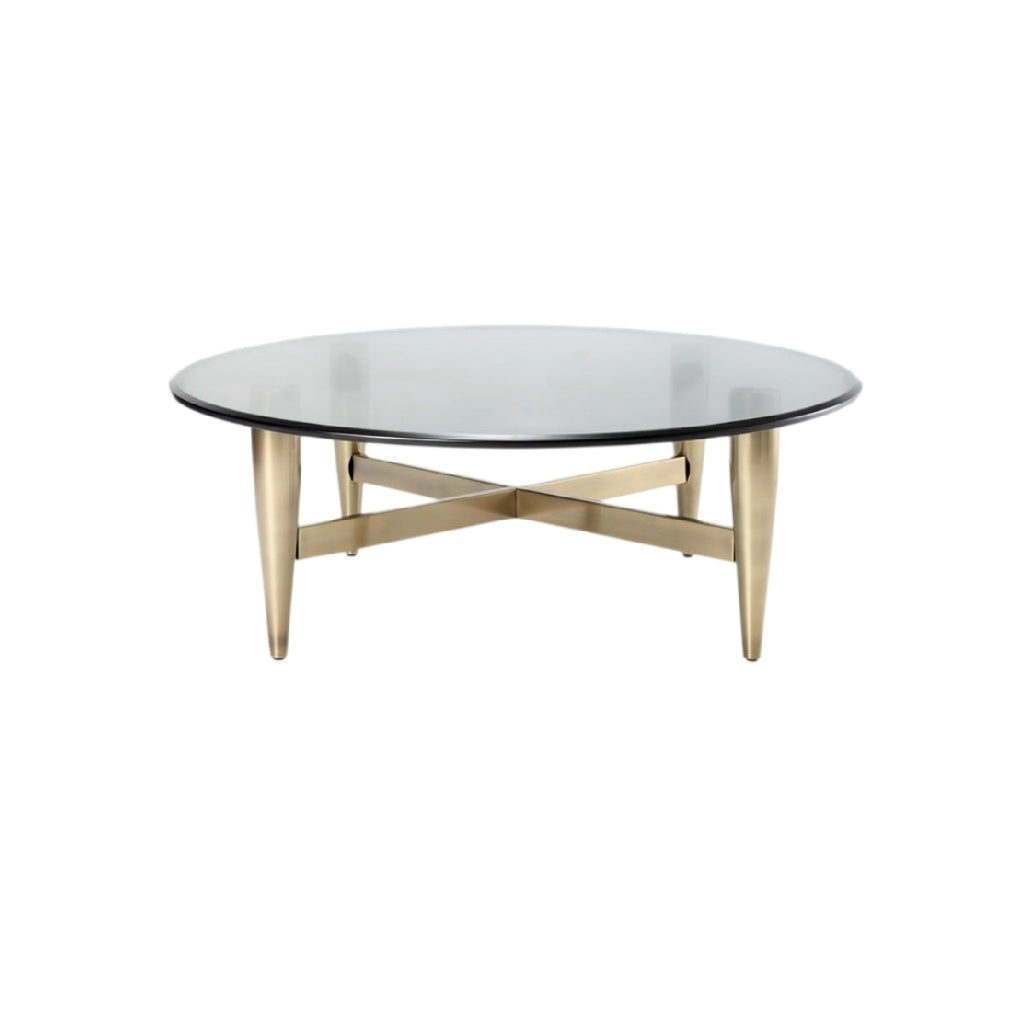 **Titre technique : Table basse ronde en verre noir avec pieds en métal doré**