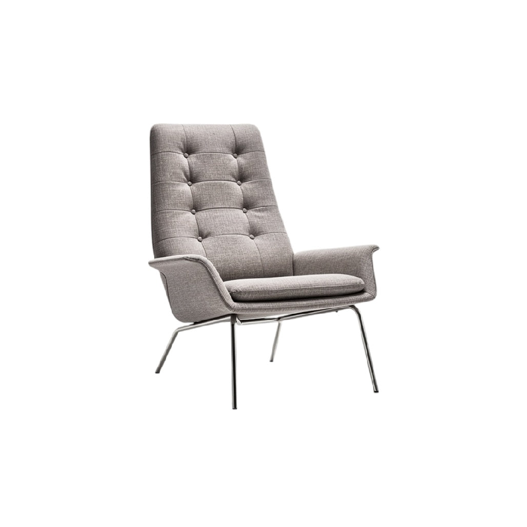 **Fauteuil moderne en tissu avec dossier haut et structure en métal**