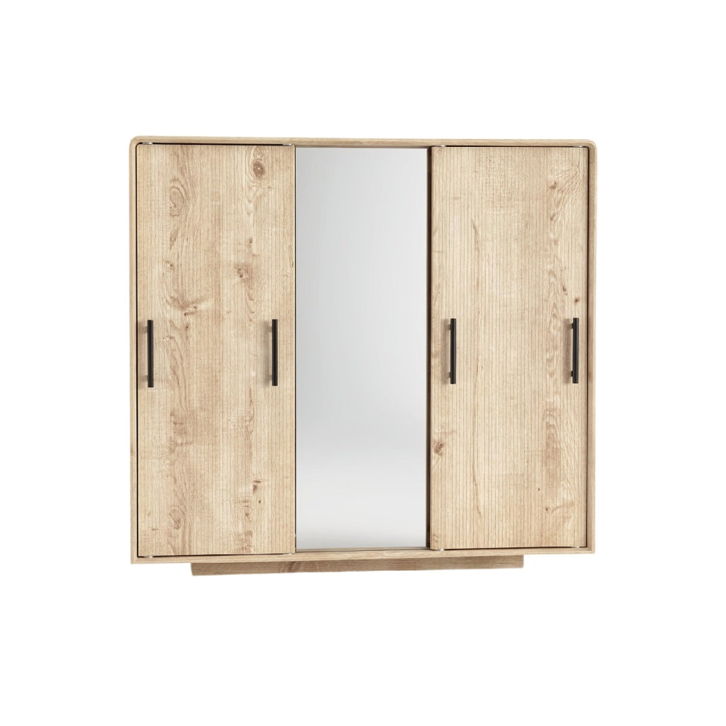 **Armoire en bois avec miroir central et poignées noires**